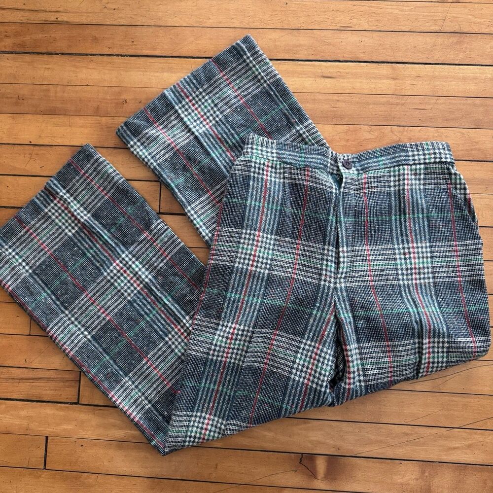 Vintage Plaid Wool Scottish Tartan Trouser 30 X 30 Green Red White 60s 70s
